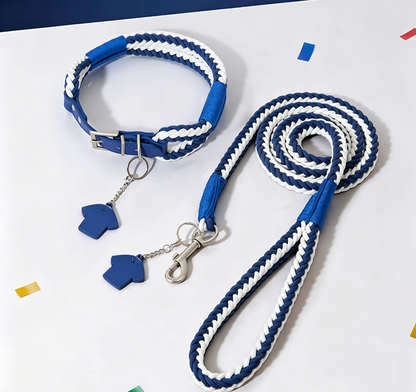 Sinivalkoinen punottu koiran talutinsetti